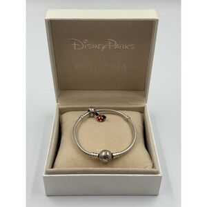 Pandora Disney Parks Silver Bracelet with Minnie Mouse Ear Hat Charm & Box